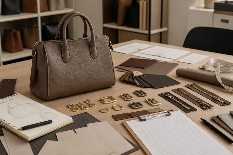 Handbag, materials, hardware and inspection sheet arranged on a product development table