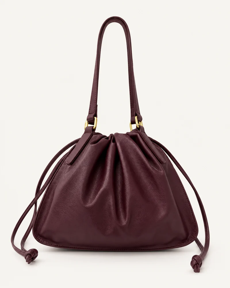 Burgundy Drawstring Bucket Bag — unbranded OEM development sample BR-BKT-001