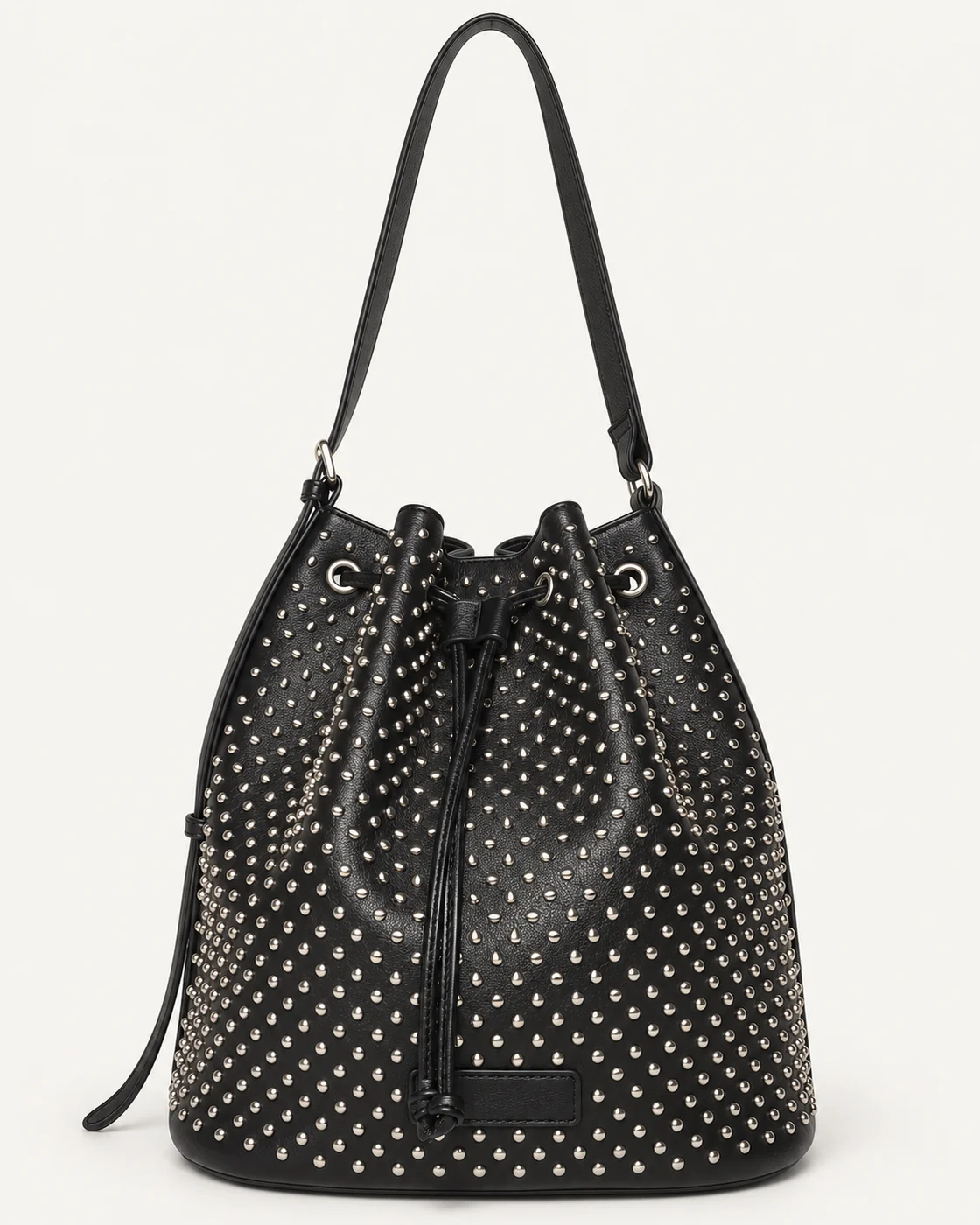 Black Studded Drawstring Bucket Bag — unbranded OEM development sample BR-BKT-004