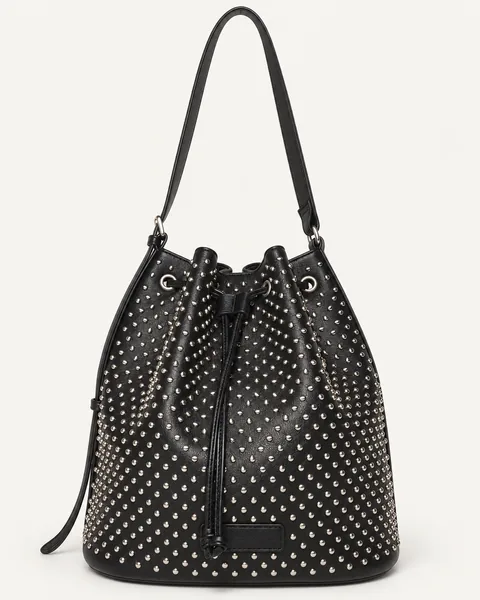 Black Studded Drawstring Bucket Bag — unbranded OEM development sample BR-BKT-004