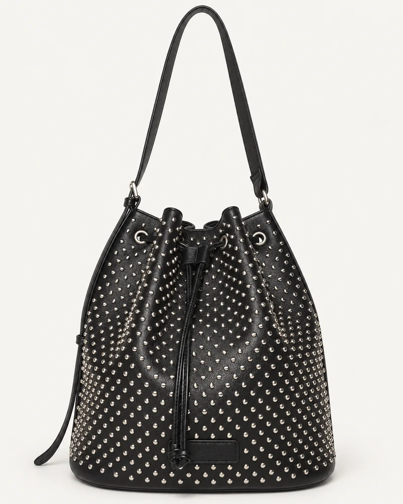 Black Studded Drawstring Bucket Bag — unbranded OEM development sample BR-BKT-004