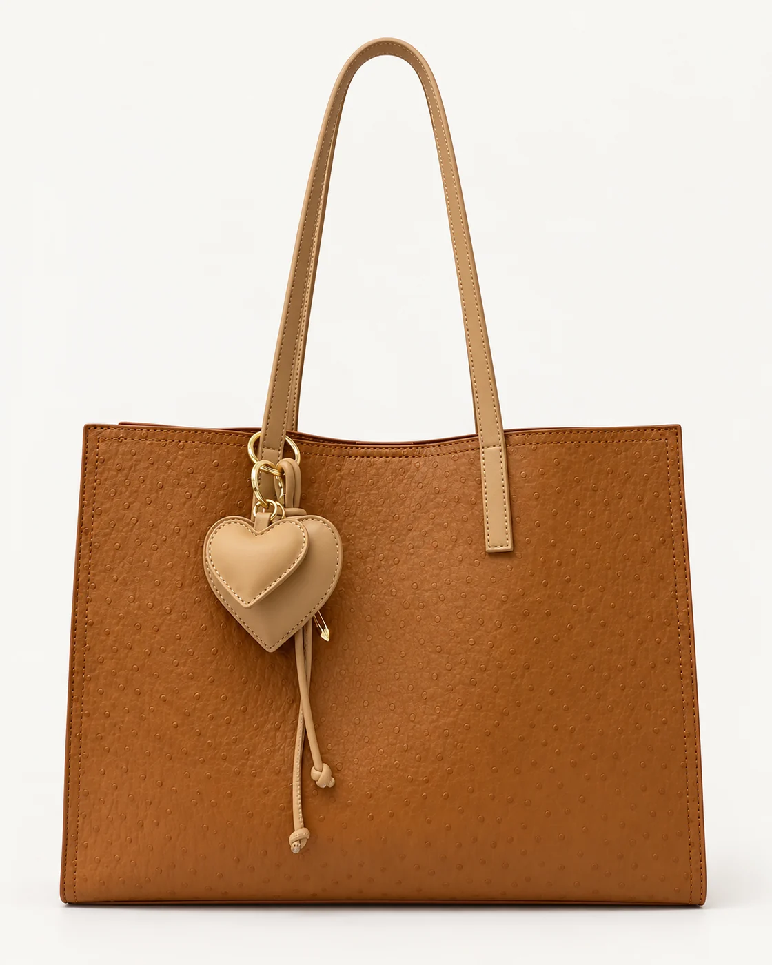 Cognac Heart-Charm Tote Bag — unbranded OEM development sample BR-TOT-001