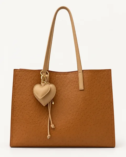 Cognac Heart-Charm Tote Bag — unbranded OEM development sample BR-TOT-001