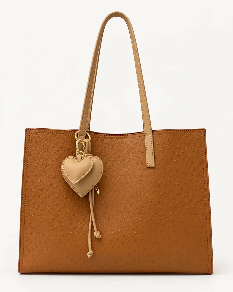 Cognac Heart-Charm Tote Bag — unbranded OEM development sample BR-TOT-001