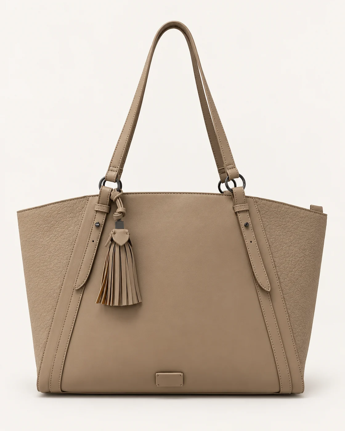 Light Taupe Tassel Tote Bag — unbranded OEM development sample BR-TOT-003