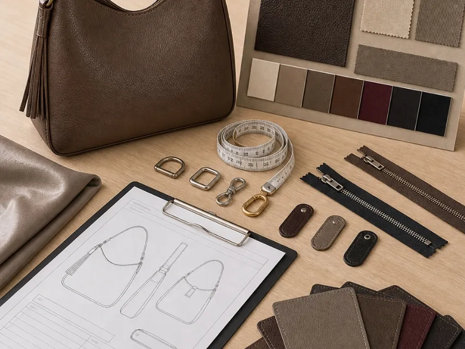 Handbag sketches, material swatches and hardware prepared for development