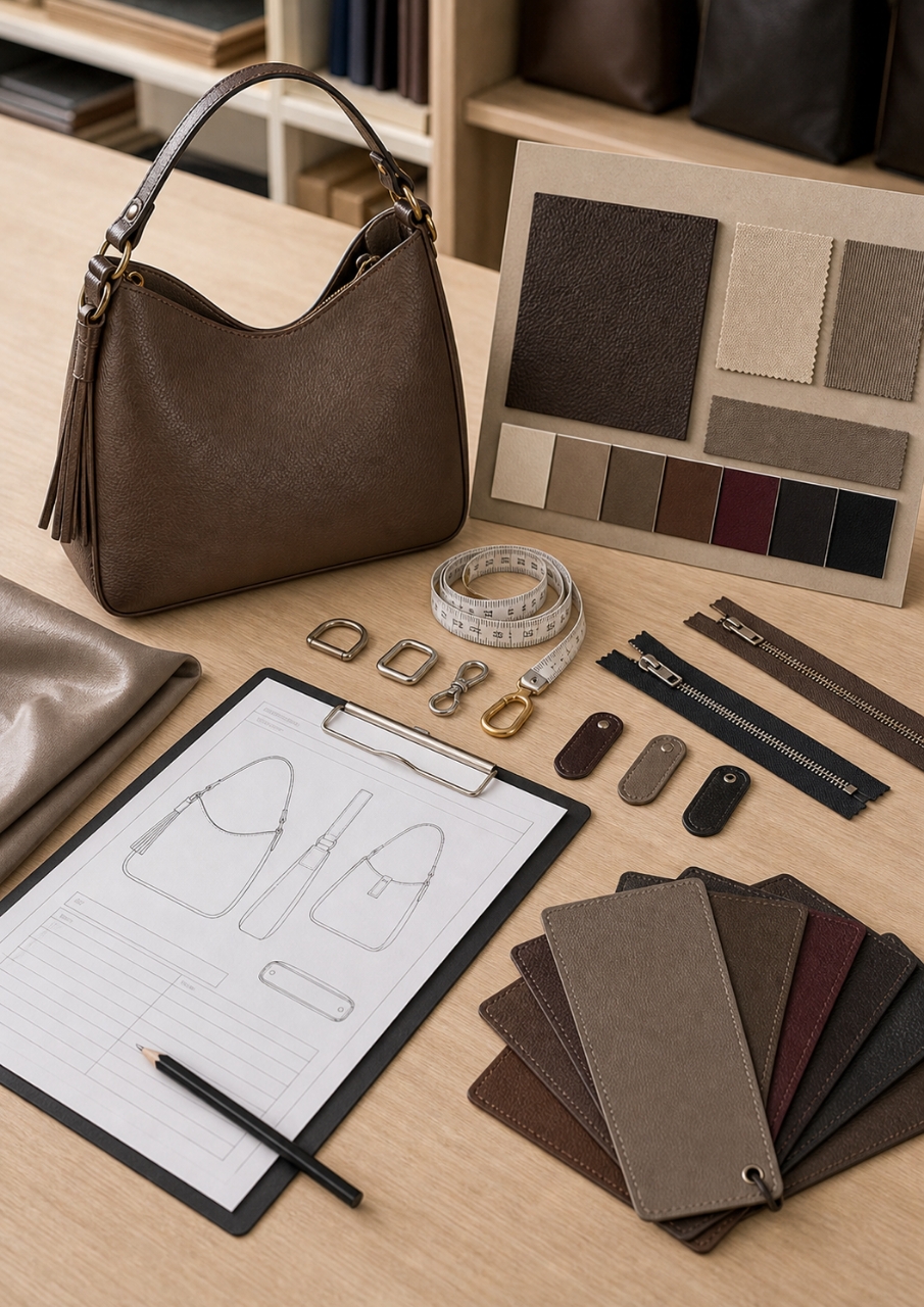 Handbag development table with sketches, hardware and material swatches
