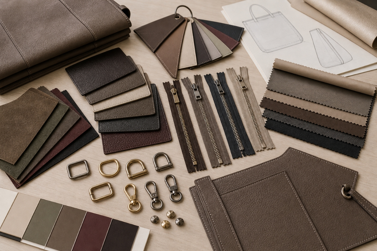 PU leather swatches, zippers and metal handbag hardware