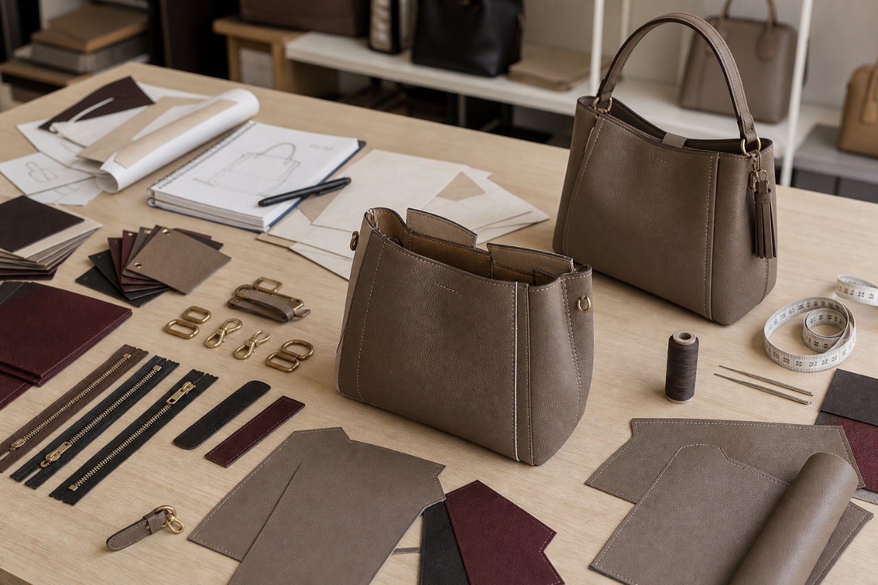 Handbags, material swatches and hardware during sampling